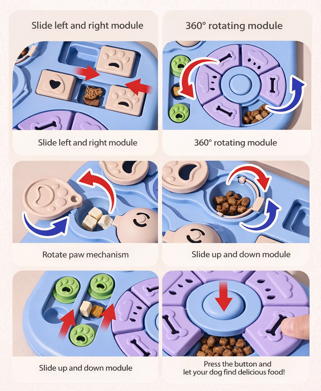 Dog puzzle toy with various modules and food rewards on a light background