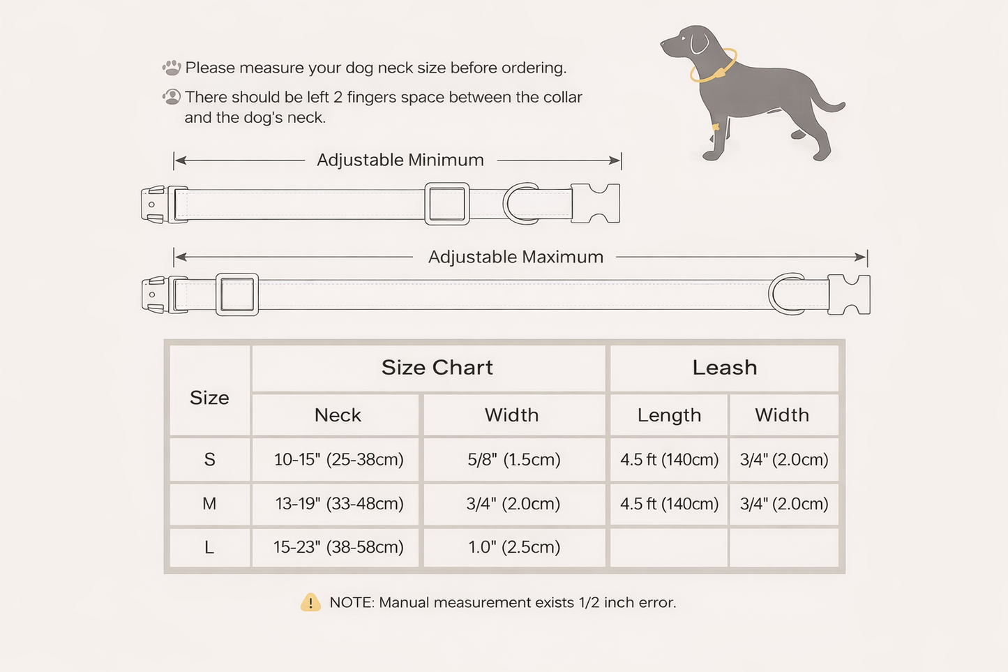Dog collar and leash size chart with measurement guide on a white background