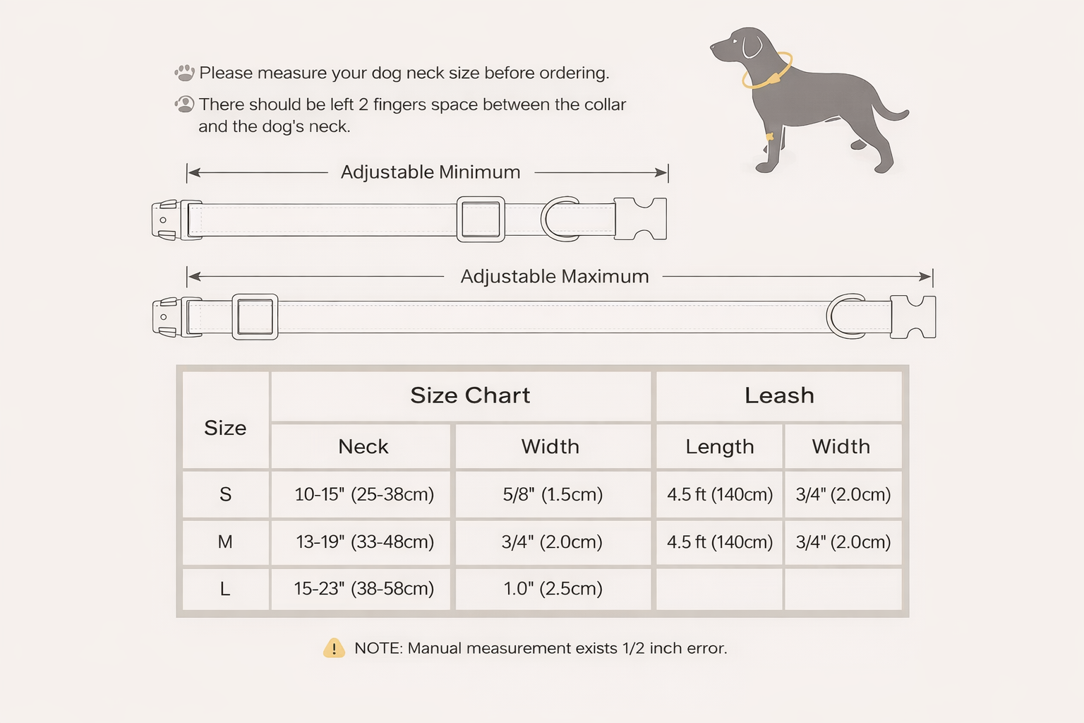 Dog collar and leash size chart with measurement guide on a white background