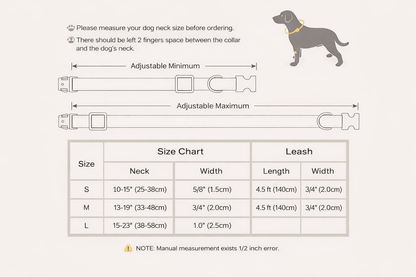 Dog collar and leash size chart with measurement guide on a white background