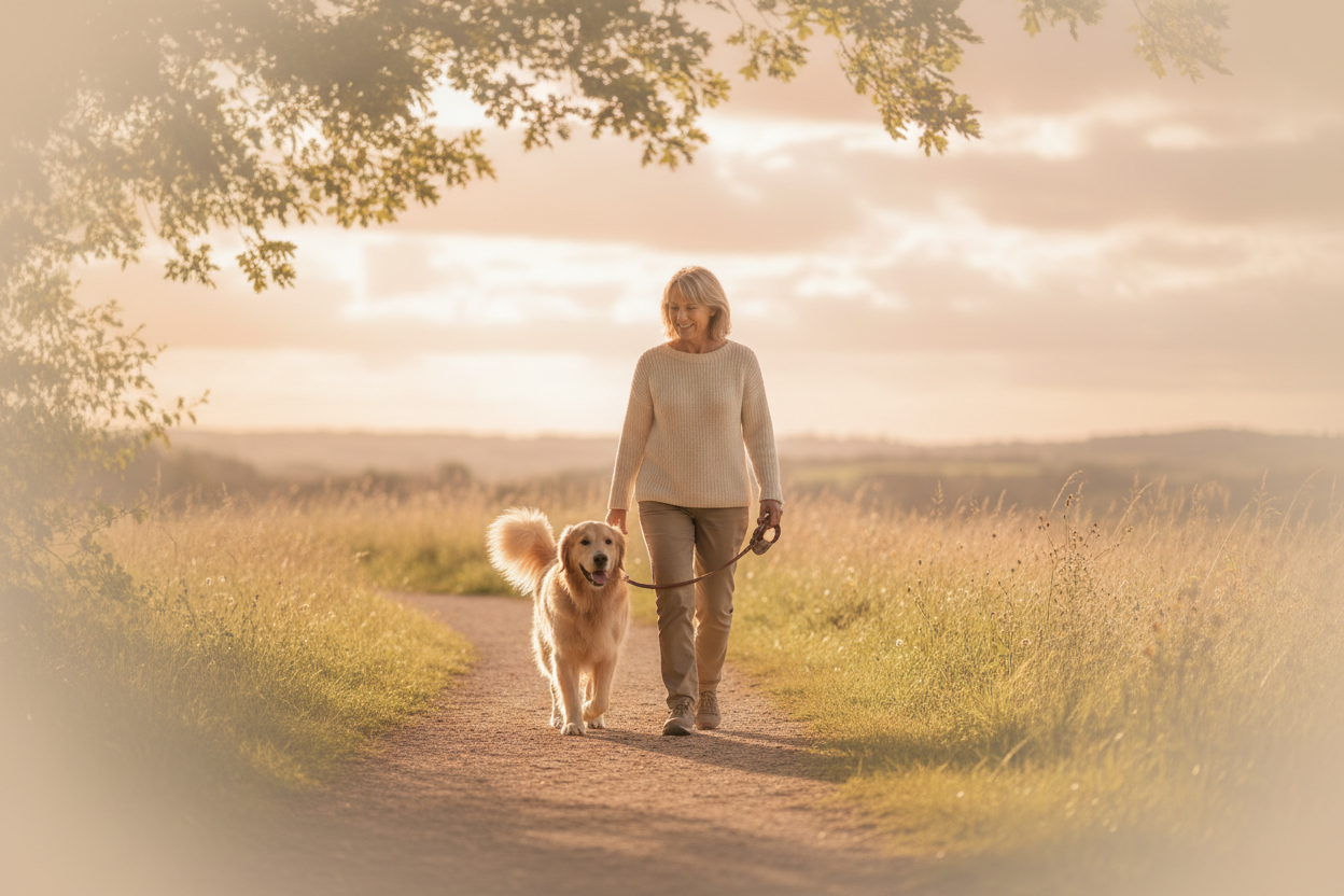 image of a dog and owner going for a walk a more soft beige overlay