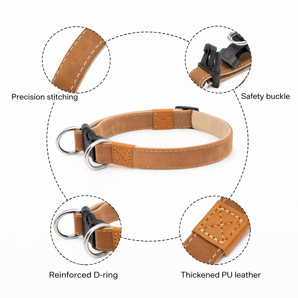 Brown dog collar with detailed features on a white background