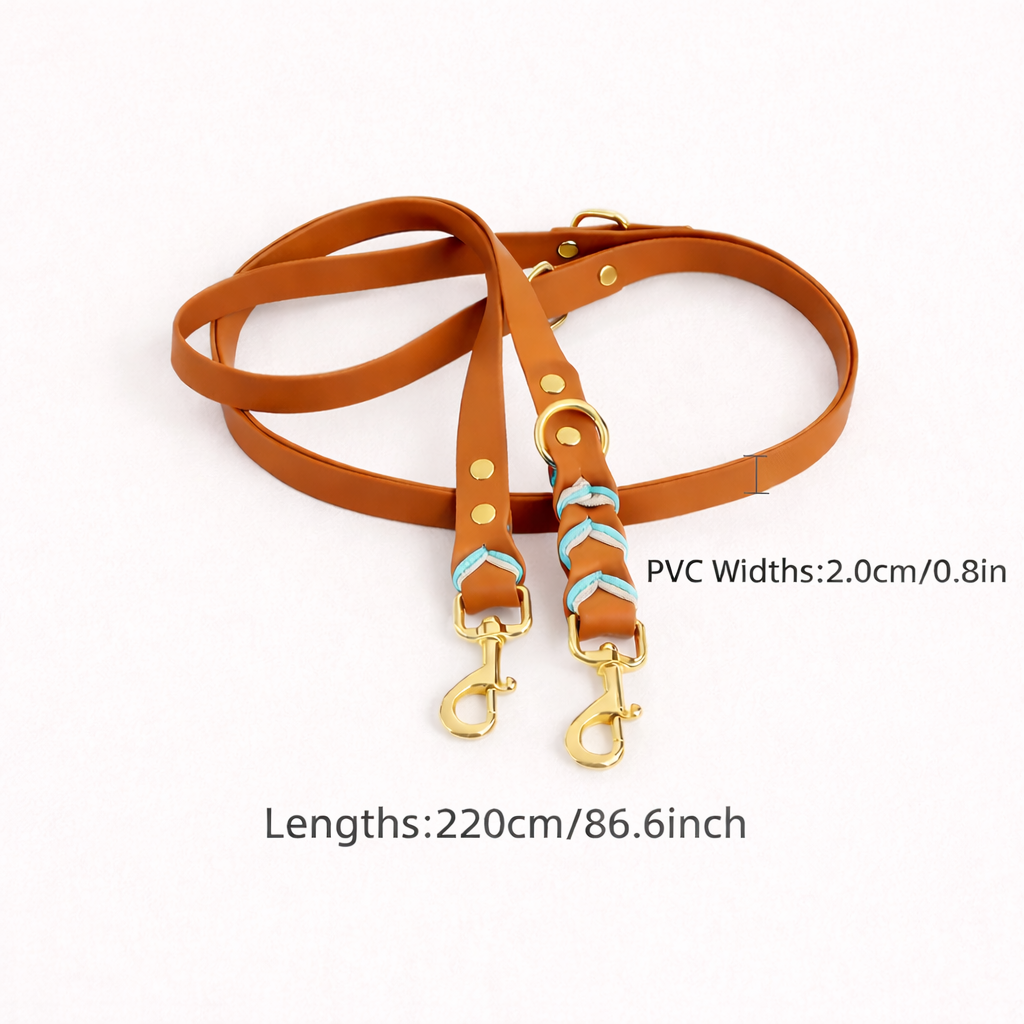 Brown leather dog leash with gold hardware on a white background