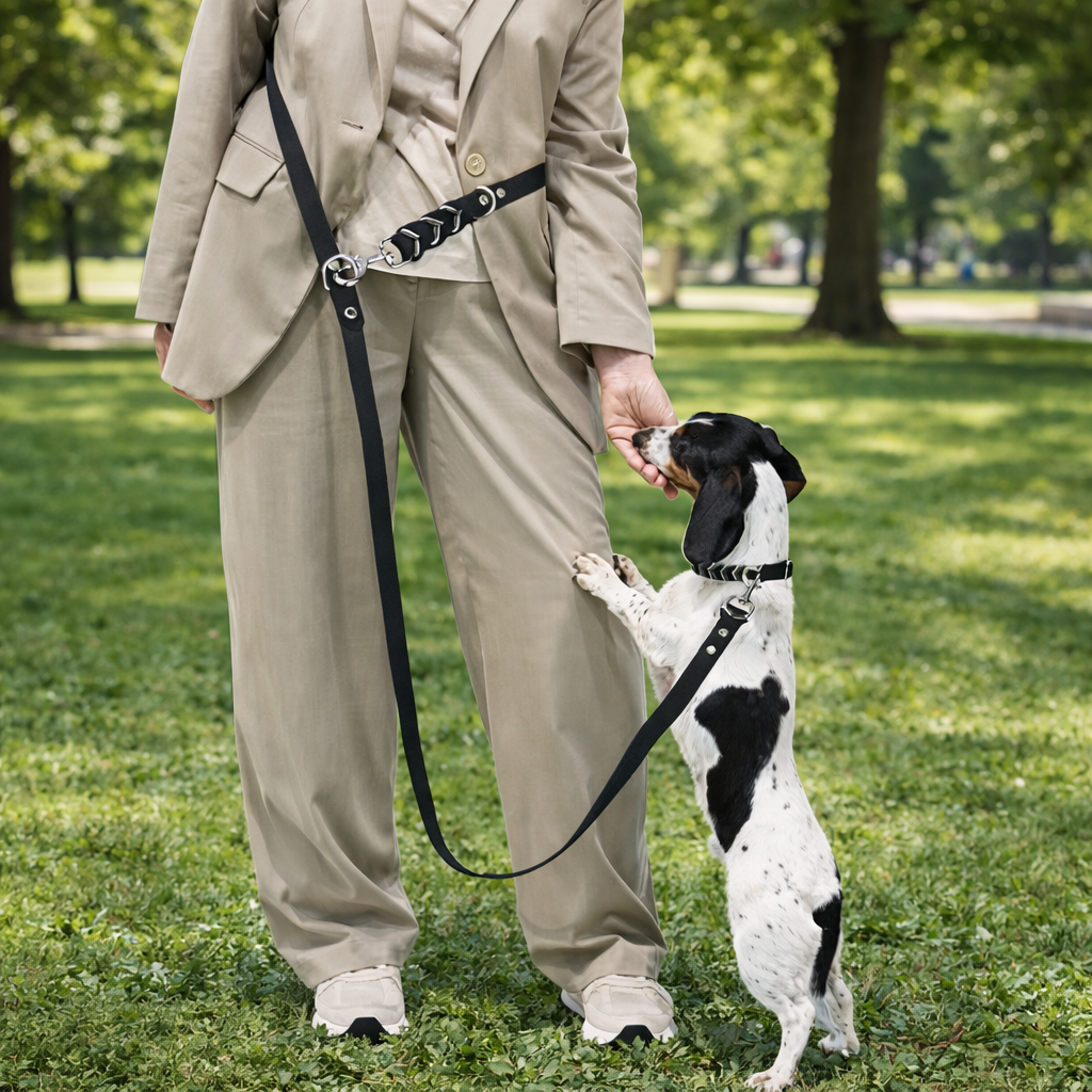 Person in a beige suit standing on grass with a small black and white dog on a leash.