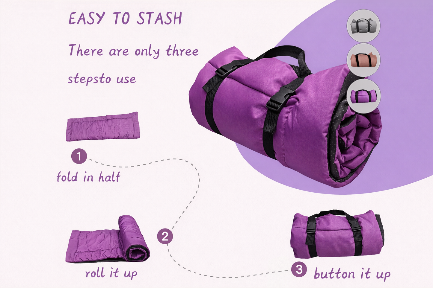 Purple mat being folded and rolled up with text instructions on a purple background