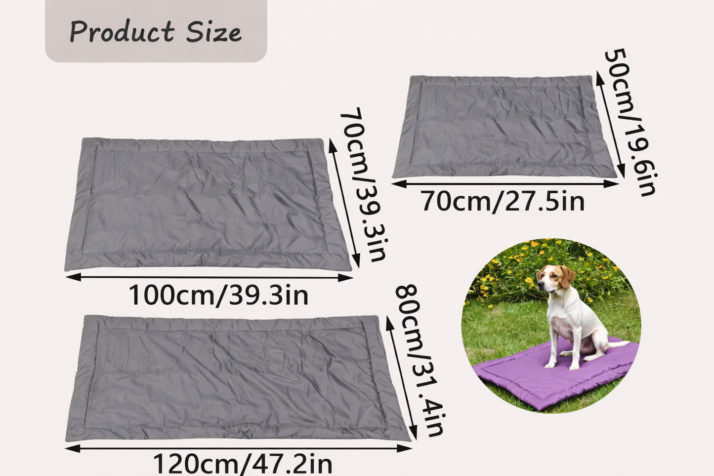Gray pet mat with dimensions and a dog sitting on a purple mat in the corner.