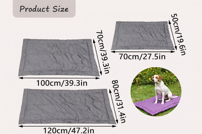Gray pet mat with dimensions and a dog sitting on a purple mat in the corner.