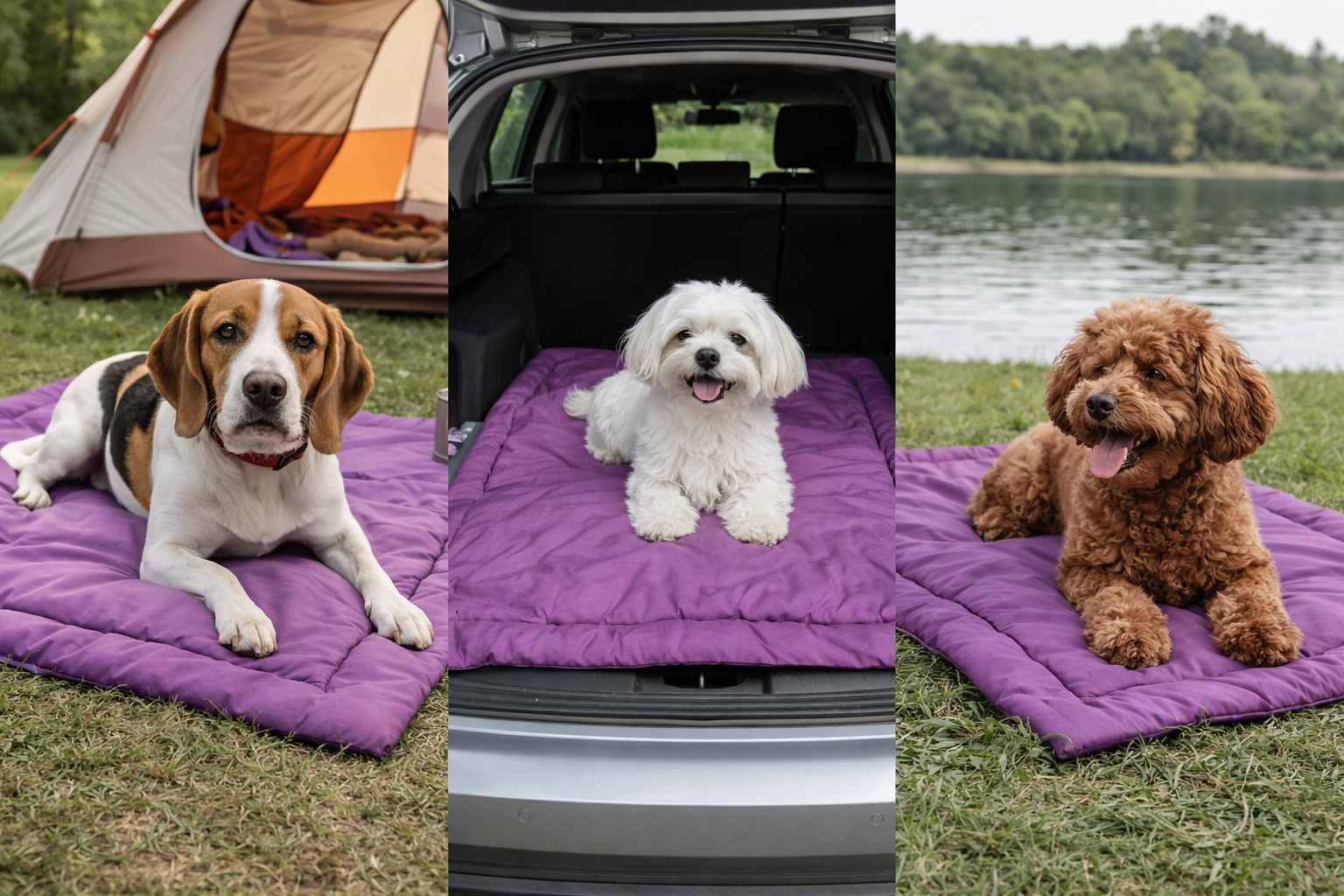 Three dogs on purple pet beds in outdoor settings: grass, car trunk, and by a lake.